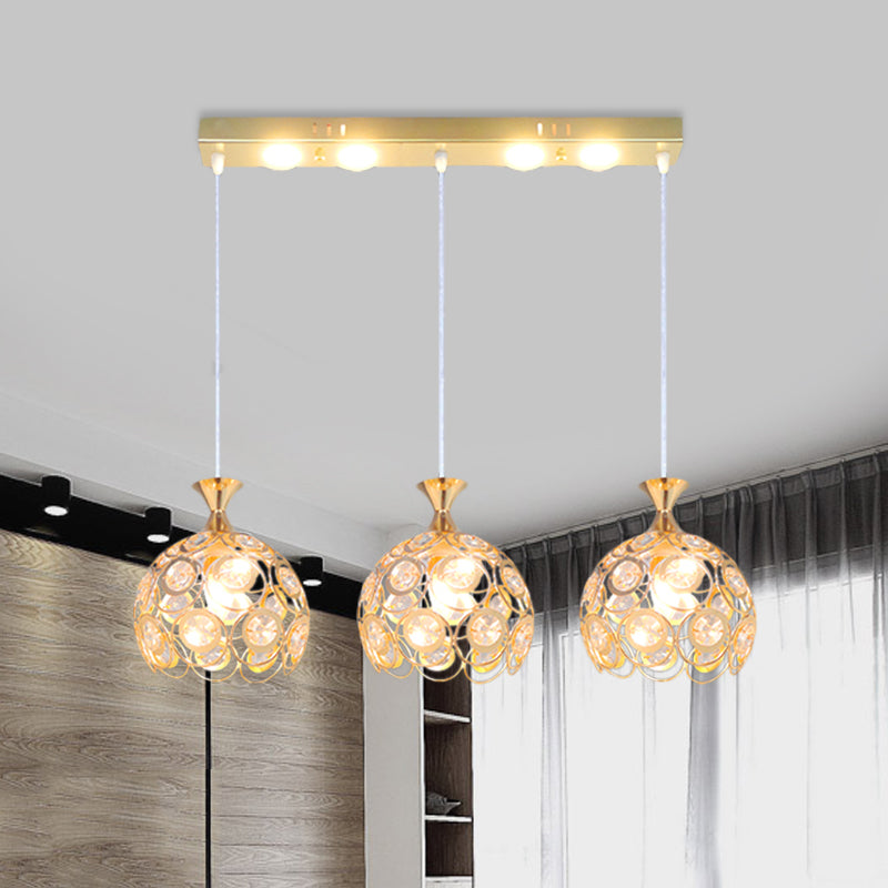 Modern Style Pendulum Light Crystal-Encrusted 3-Bulb Dining Room Multi Pendant Lamp Fixture in Gold Gold Clearhalo 'Ceiling Lights' 'Modern Pendants' 'Modern' 'Pendant Lights' 'Pendants' Lighting' 897537