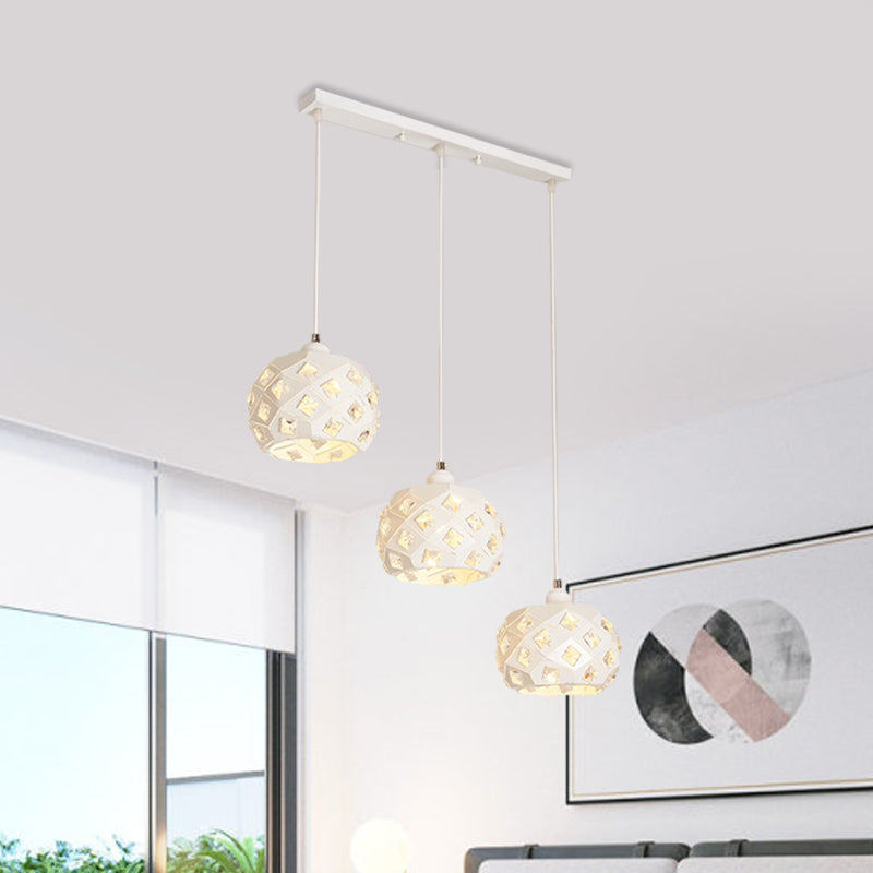 Iron Drum Shape Down Lighting Modernist 3 Lights White Finish Crystal Multiple Hanging Lamp Clearhalo 'Ceiling Lights' 'Modern Pendants' 'Modern' 'Pendant Lights' 'Pendants' Lighting' 897542