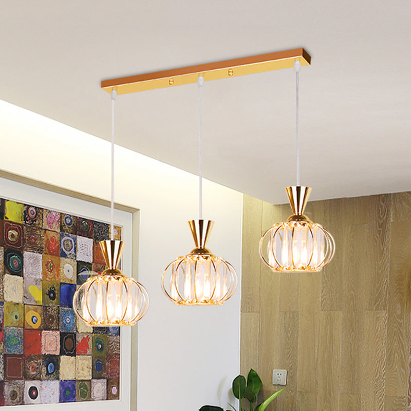 Gold Oval Cage Suspension Light Modernist 3-Head Crystal Prisms Multiple Hanging Lamp Gold Clearhalo 'Ceiling Lights' 'Modern Pendants' 'Modern' 'Pendant Lights' 'Pendants' Lighting' 897549