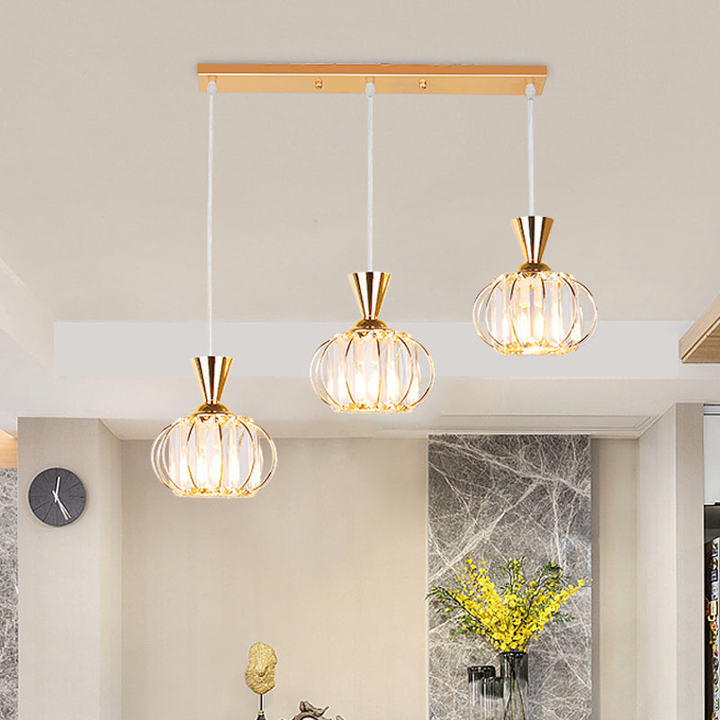 Gold Oval Cage Suspension Light Modernist 3-Head Crystal Prisms Multiple Hanging Lamp Clearhalo 'Ceiling Lights' 'Modern Pendants' 'Modern' 'Pendant Lights' 'Pendants' Lighting' 897550