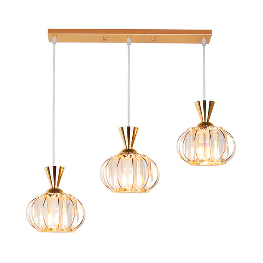 Gold Oval Cage Suspension Light Modernist 3-Head Crystal Prisms Multiple Hanging Lamp Clearhalo 'Ceiling Lights' 'Modern Pendants' 'Modern' 'Pendant Lights' 'Pendants' Lighting' 897551