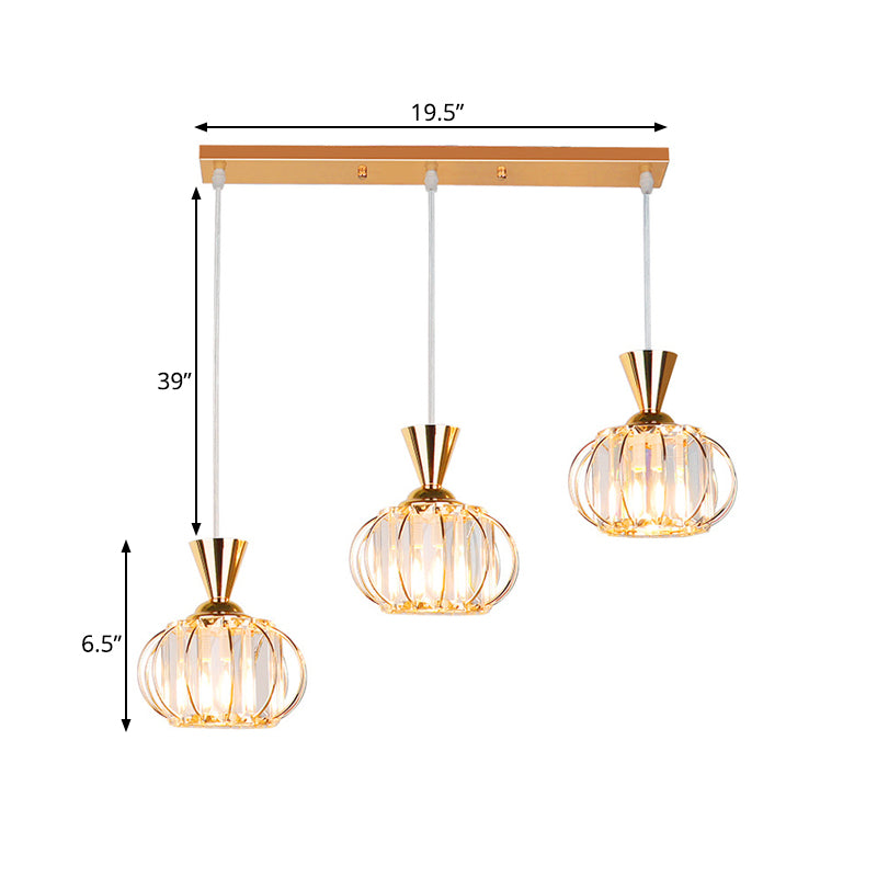 Gold Oval Cage Suspension Light Modernist 3-Head Crystal Prisms Multiple Hanging Lamp Clearhalo 'Ceiling Lights' 'Modern Pendants' 'Modern' 'Pendant Lights' 'Pendants' Lighting' 897552