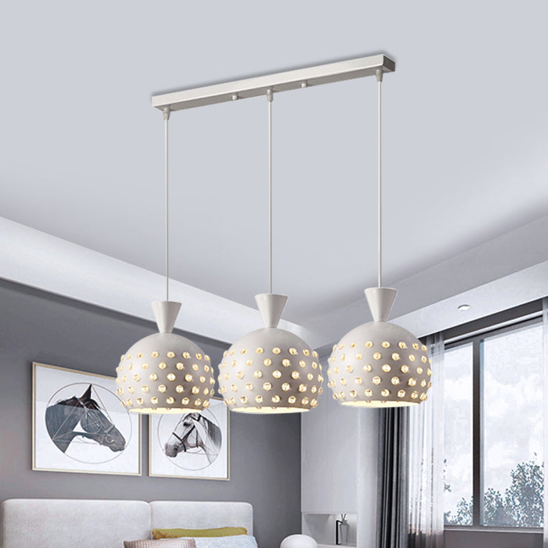 Domed Restaurant Pendulum Lamp Metal 3 Heads Minimalism Multiple Hanging Light with Crystal Bead Decor White Clearhalo 'Ceiling Lights' 'Modern Pendants' 'Modern' 'Pendant Lights' 'Pendants' Lighting' 897573