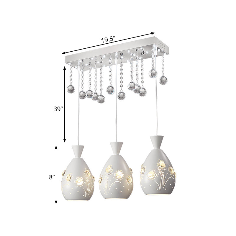 Hollow-Out Floret Iron Multi Light Ceiling Lamp Modern 3-Light White Hanging Pendant with Crystal Droplet Clearhalo 'Ceiling Lights' 'Modern Pendants' 'Modern' 'Pendant Lights' 'Pendants' Lighting' 897592