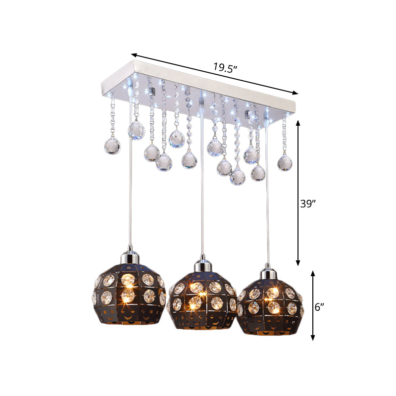 Globe Metallic Cluster Light Pendant Modernist 3 Heads Black Pendulum Lamp with Crystal Deco Clearhalo 'Ceiling Lights' 'Modern Pendants' 'Modern' 'Pendant Lights' 'Pendants' Lighting' 897596