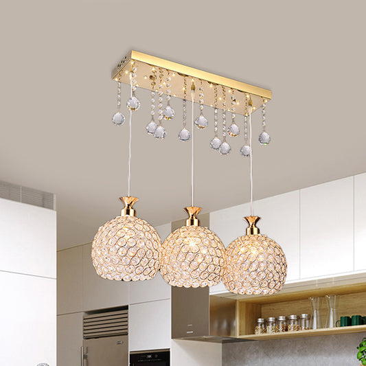 Ball Crystal Encrusted Multi Pendant Contemporary 3 Bulbs Gold Finish Hanging Lighting Gold Clearhalo 'Ceiling Lights' 'Modern Pendants' 'Modern' 'Pendant Lights' 'Pendants' Lighting' 897601