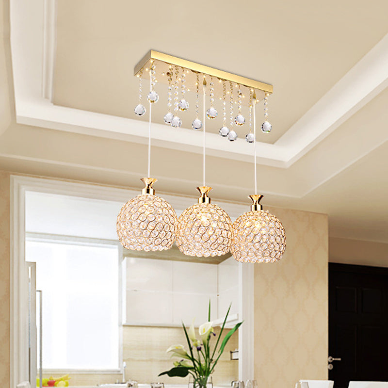 Ball Crystal Encrusted Multi Pendant Contemporary 3 Bulbs Gold Finish Hanging Lighting Clearhalo 'Ceiling Lights' 'Modern Pendants' 'Modern' 'Pendant Lights' 'Pendants' Lighting' 897602