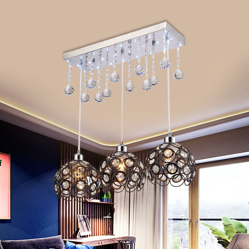 Crystal Embedded Global Suspension Lamp Minimal 3 Heads Multi Pendant Light Fixture in Black Black Clearhalo 'Ceiling Lights' 'Modern Pendants' 'Modern' 'Pendant Lights' 'Pendants' Lighting' 897605