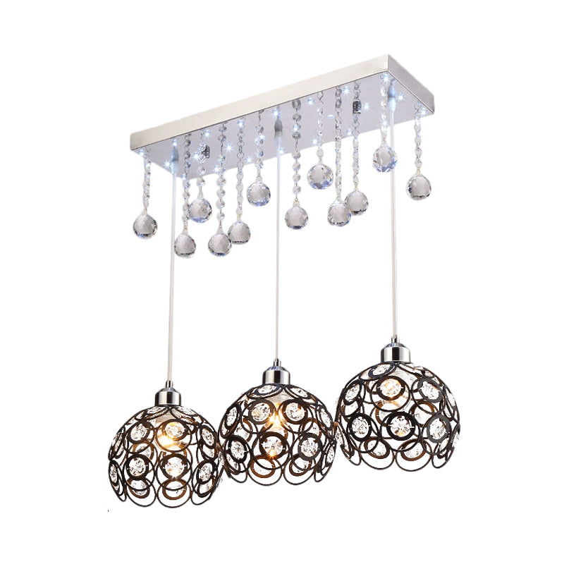 Crystal Embedded Global Suspension Lamp Minimal 3 Heads Multi Pendant Light Fixture in Black Clearhalo 'Ceiling Lights' 'Modern Pendants' 'Modern' 'Pendant Lights' 'Pendants' Lighting' 897607