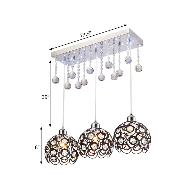 Crystal Embedded Global Suspension Lamp Minimal 3 Heads Multi Pendant Light Fixture in Black Clearhalo 'Ceiling Lights' 'Modern Pendants' 'Modern' 'Pendant Lights' 'Pendants' Lighting' 897608