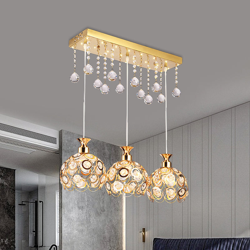 Gold Finish Domed Cluster Light Pendant Modern 3-Head Crystal Embedded Hanging Lamp Kit Gold Clearhalo 'Ceiling Lights' 'Modern Pendants' 'Modern' 'Pendant Lights' 'Pendants' Lighting' 897613