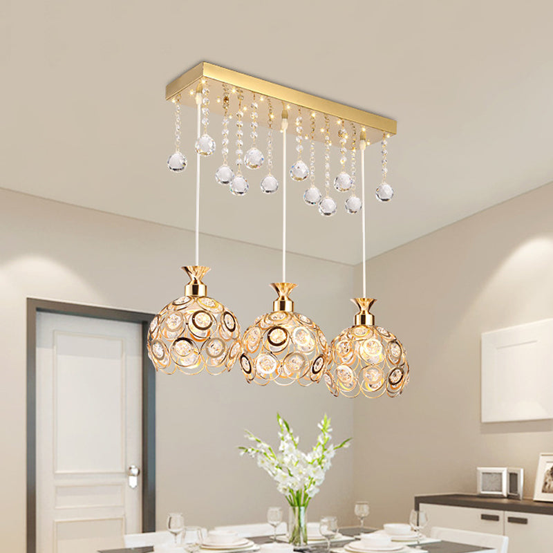 Gold Finish Domed Cluster Light Pendant Modern 3-Head Crystal Embedded Hanging Lamp Kit Clearhalo 'Ceiling Lights' 'Modern Pendants' 'Modern' 'Pendant Lights' 'Pendants' Lighting' 897614