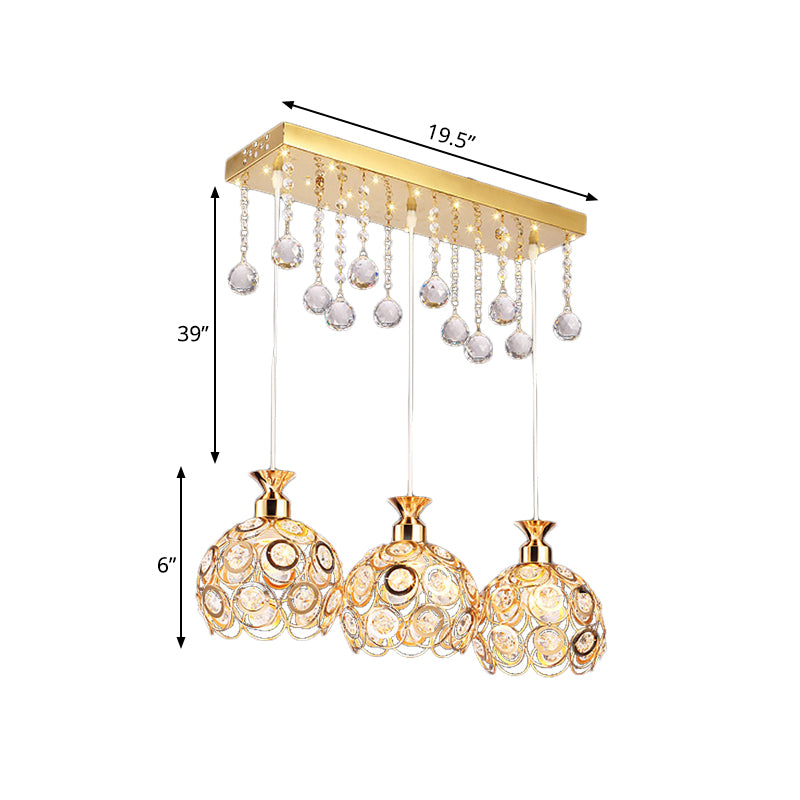 Gold Finish Domed Cluster Light Pendant Modern 3-Head Crystal Embedded Hanging Lamp Kit Clearhalo 'Ceiling Lights' 'Modern Pendants' 'Modern' 'Pendant Lights' 'Pendants' Lighting' 897616