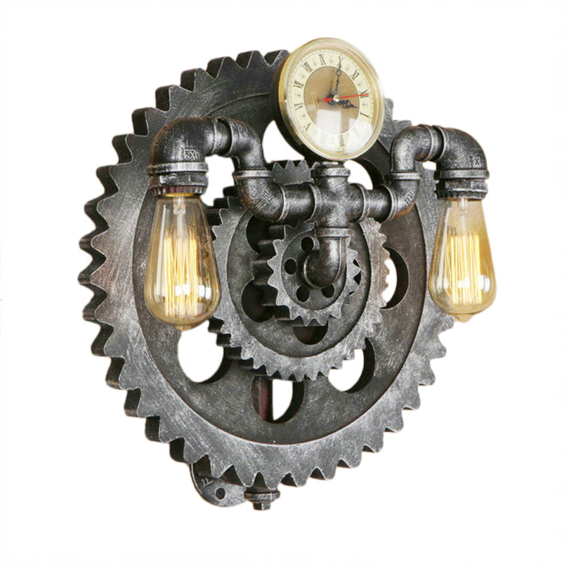 Gear Wrought Iron Wall Sconce with Exposed Bulb Industrial 2 Lights Living Room Wall Lighting in Aged Silver Clearhalo 'Art deco wall lights' 'Cast Iron' 'Glass' 'Industrial wall lights' 'Industrial' 'Middle century wall lights' 'Modern' 'Rustic wall lights' 'Tiffany' 'Traditional wall lights' 'Wall Lamps & Sconces' 'Wall Lights' Lighting' 89774