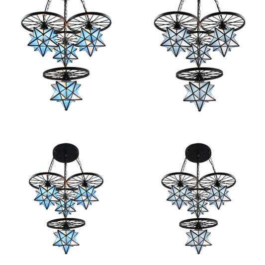 4 Lights Star Pendant Lamp Tiffany Industrial Blue Glass Hanging Light with Wheel Clearhalo 'Ceiling Lights' 'Close To Ceiling Lights' 'Industrial' 'Middle Century Pendants' 'Pendant Lights' 'Pendants' 'Tiffany close to ceiling' 'Tiffany Pendants' 'Tiffany' Lighting' 89776