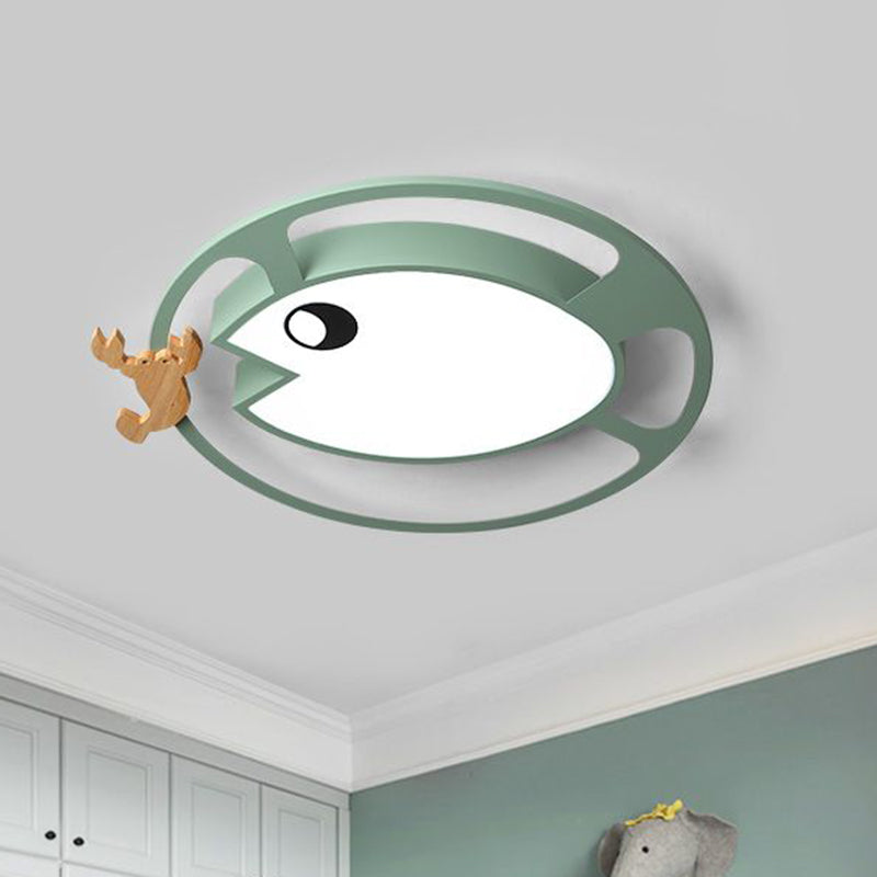 Circular Acrylic Ceiling Light Kids Grey/White/Green LED Flush Mount Lamp with Wood Shrimp Decor for Nursery Green Clearhalo 'Ceiling Lights' 'Close To Ceiling Lights' 'Close to ceiling' 'Flush mount' Lighting' 897912