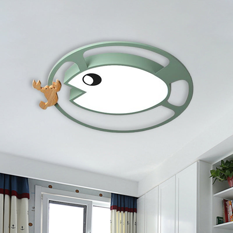 Circular Acrylic Ceiling Light Kids Grey/White/Green LED Flush Mount Lamp with Wood Shrimp Decor for Nursery Clearhalo 'Ceiling Lights' 'Close To Ceiling Lights' 'Close to ceiling' 'Flush mount' Lighting' 897913