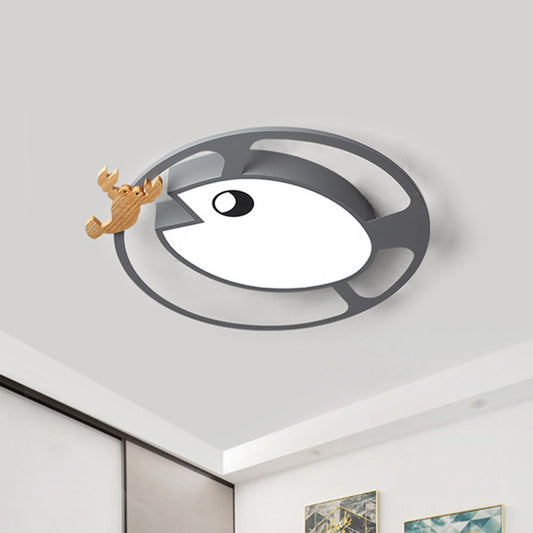 Circular Acrylic Ceiling Light Kids Grey/White/Green LED Flush Mount Lamp with Wood Shrimp Decor for Nursery Grey Clearhalo 'Ceiling Lights' 'Close To Ceiling Lights' 'Close to ceiling' 'Flush mount' Lighting' 897916