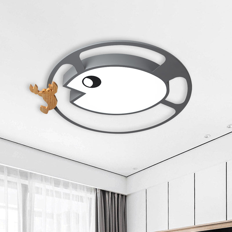 Circular Acrylic Ceiling Light Kids Grey/White/Green LED Flush Mount Lamp with Wood Shrimp Decor for Nursery Clearhalo 'Ceiling Lights' 'Close To Ceiling Lights' 'Close to ceiling' 'Flush mount' Lighting' 897917