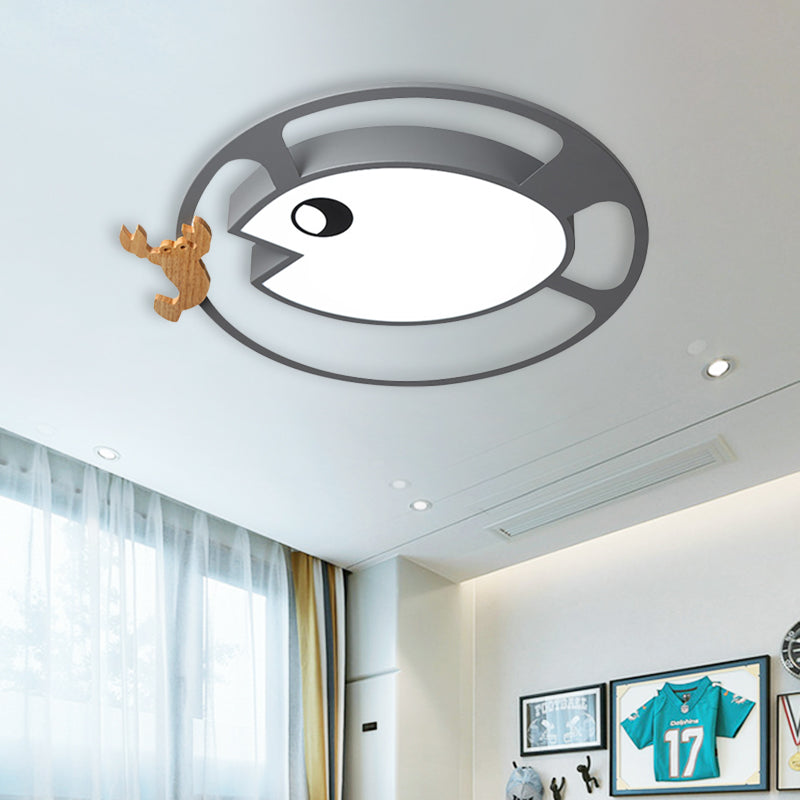 Circular Acrylic Ceiling Light Kids Grey/White/Green LED Flush Mount Lamp with Wood Shrimp Decor for Nursery Clearhalo 'Ceiling Lights' 'Close To Ceiling Lights' 'Close to ceiling' 'Flush mount' Lighting' 897918