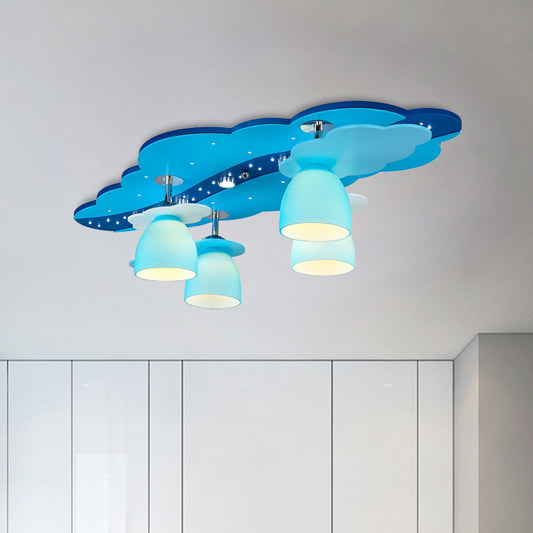 Wooden Cloud Semi Flush Mount Cartoon 4 Bulbs Ceiling Light with Dome Blue Glass Shade Blue Clearhalo 'Ceiling Lights' 'Close To Ceiling Lights' 'Close to ceiling' 'Semi-flushmount' Lighting' 897941