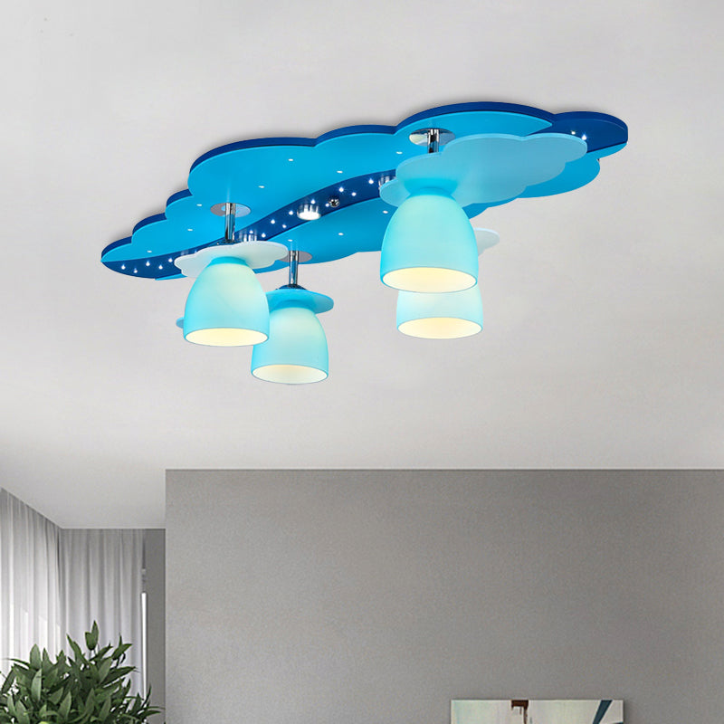 Wooden Cloud Semi Flush Mount Cartoon 4 Bulbs Ceiling Light with Dome Blue Glass Shade Clearhalo 'Ceiling Lights' 'Close To Ceiling Lights' 'Close to ceiling' 'Semi-flushmount' Lighting' 897942