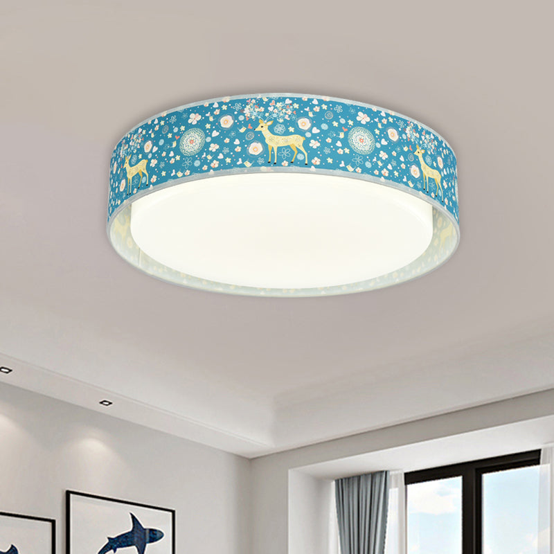 Beige/Blue Drum Flush Light Cartoon LED Metal Flush Mount Lighting with Animal Pattern for Bedroom Blue Clearhalo 'Ceiling Lights' 'Close To Ceiling Lights' 'Close to ceiling' 'Flush mount' Lighting' 897945