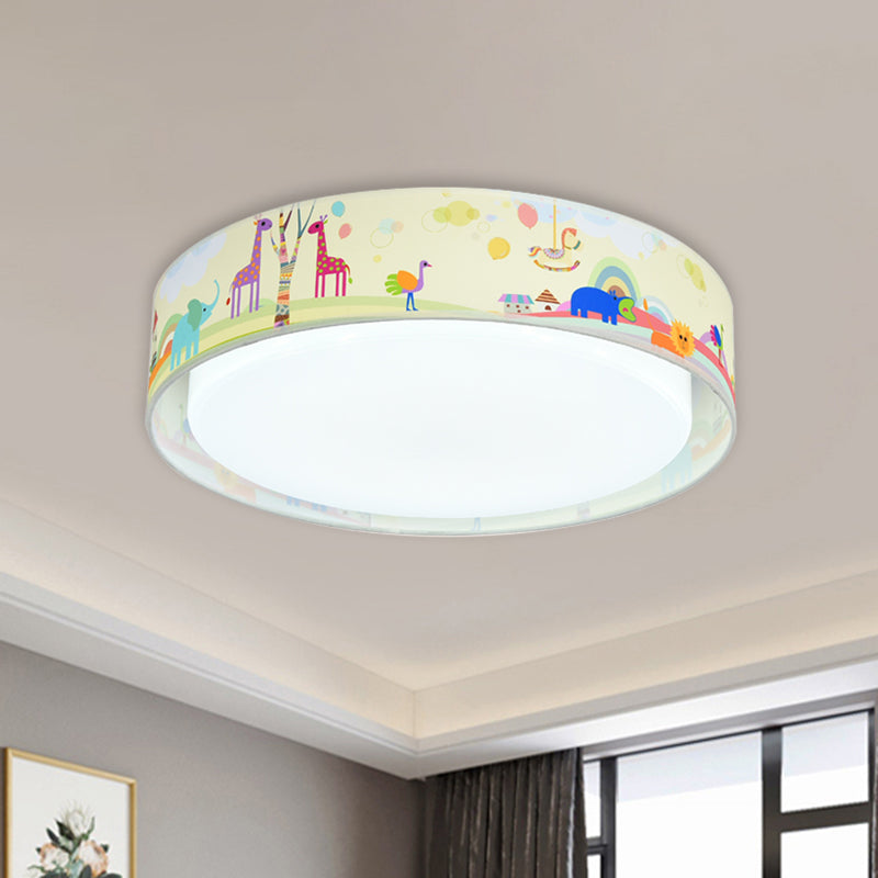 Beige/Blue Drum Flush Light Cartoon LED Metal Flush Mount Lighting with Animal Pattern for Bedroom Beige Clearhalo 'Ceiling Lights' 'Close To Ceiling Lights' 'Close to ceiling' 'Flush mount' Lighting' 897949