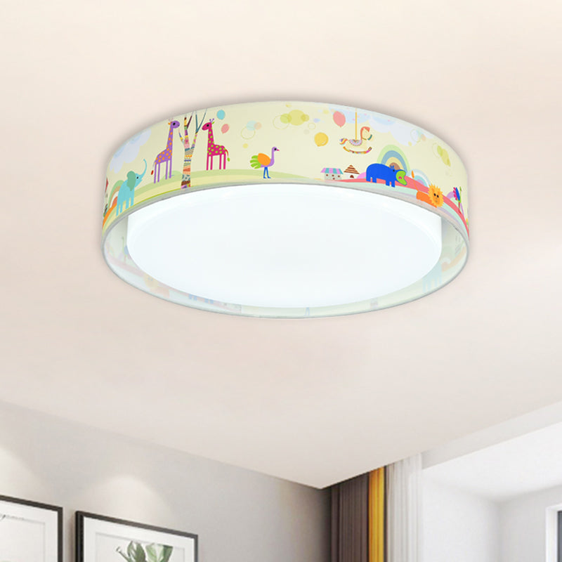 Beige/Blue Drum Flush Light Cartoon LED Metal Flush Mount Lighting with Animal Pattern for Bedroom Clearhalo 'Ceiling Lights' 'Close To Ceiling Lights' 'Close to ceiling' 'Flush mount' Lighting' 897950