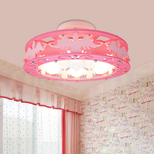 Metal Drum Semi Mount Lighting Kids 6 Lights Pink Flush Light Fixture with Bird/Angel Decoration Pink Angel Clearhalo 'Ceiling Lights' 'Close To Ceiling Lights' 'Close to ceiling' 'Semi-flushmount' Lighting' 897965