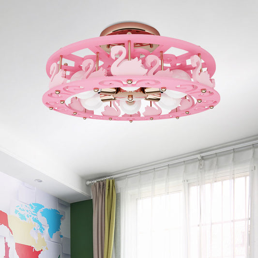 Metal Drum Semi Mount Lighting Kids 6 Lights Pink Flush Light Fixture with Bird/Angel Decoration Clearhalo 'Ceiling Lights' 'Close To Ceiling Lights' 'Close to ceiling' 'Semi-flushmount' Lighting' 897966