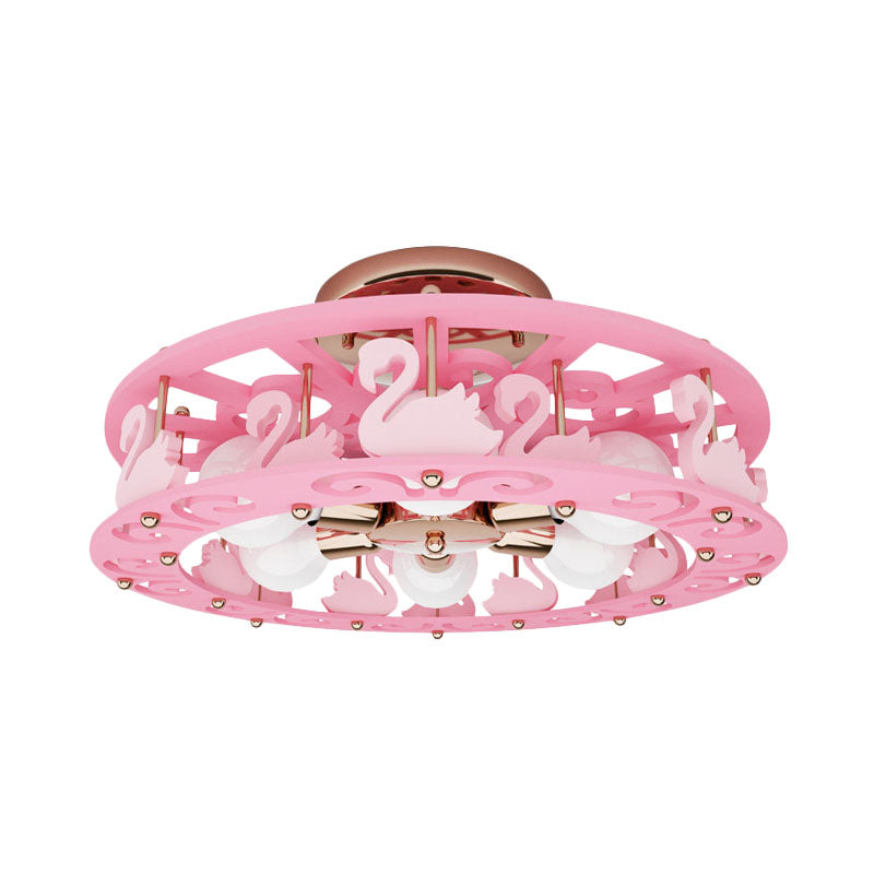 Metal Drum Semi Mount Lighting Kids 6 Lights Pink Flush Light Fixture with Bird/Angel Decoration Clearhalo 'Ceiling Lights' 'Close To Ceiling Lights' 'Close to ceiling' 'Semi-flushmount' Lighting' 897967