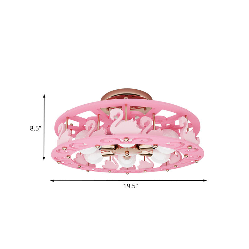 Metal Drum Semi Mount Lighting Kids 6 Lights Pink Flush Light Fixture with Bird/Angel Decoration Clearhalo 'Ceiling Lights' 'Close To Ceiling Lights' 'Close to ceiling' 'Semi-flushmount' Lighting' 897968