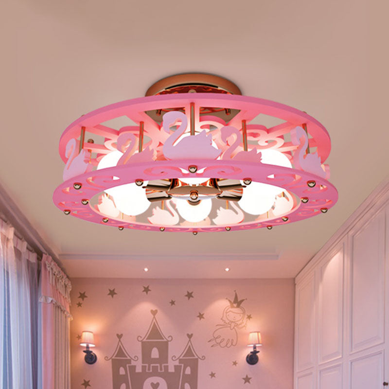 Metal Drum Semi Mount Lighting Kids 6 Lights Pink Flush Light Fixture with Bird/Angel Decoration Pink Bird Clearhalo 'Ceiling Lights' 'Close To Ceiling Lights' 'Close to ceiling' 'Semi-flushmount' Lighting' 897969