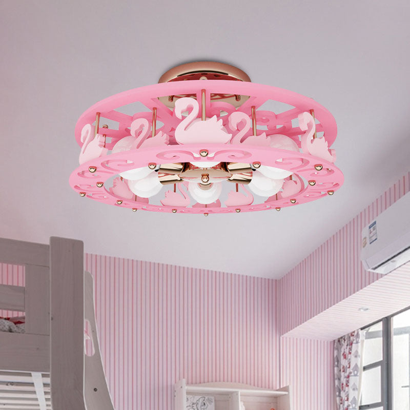 Metal Drum Semi Mount Lighting Kids 6 Lights Pink Flush Light Fixture with Bird/Angel Decoration Clearhalo 'Ceiling Lights' 'Close To Ceiling Lights' 'Close to ceiling' 'Semi-flushmount' Lighting' 897970