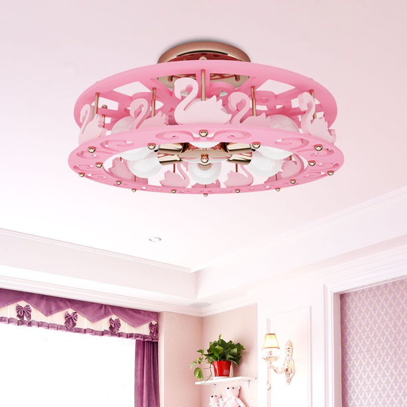 Metal Drum Semi Mount Lighting Kids 6 Lights Pink Flush Light Fixture with Bird/Angel Decoration Clearhalo 'Ceiling Lights' 'Close To Ceiling Lights' 'Close to ceiling' 'Semi-flushmount' Lighting' 897971