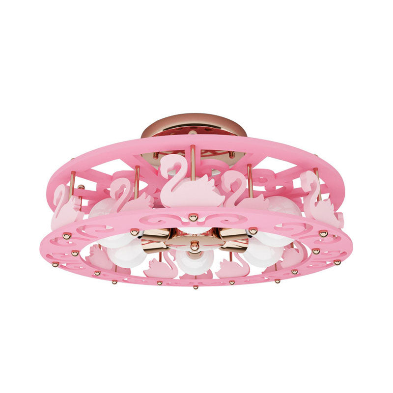 Metal Drum Semi Mount Lighting Kids 6 Lights Pink Flush Light Fixture with Bird/Angel Decoration Clearhalo 'Ceiling Lights' 'Close To Ceiling Lights' 'Close to ceiling' 'Semi-flushmount' Lighting' 897972