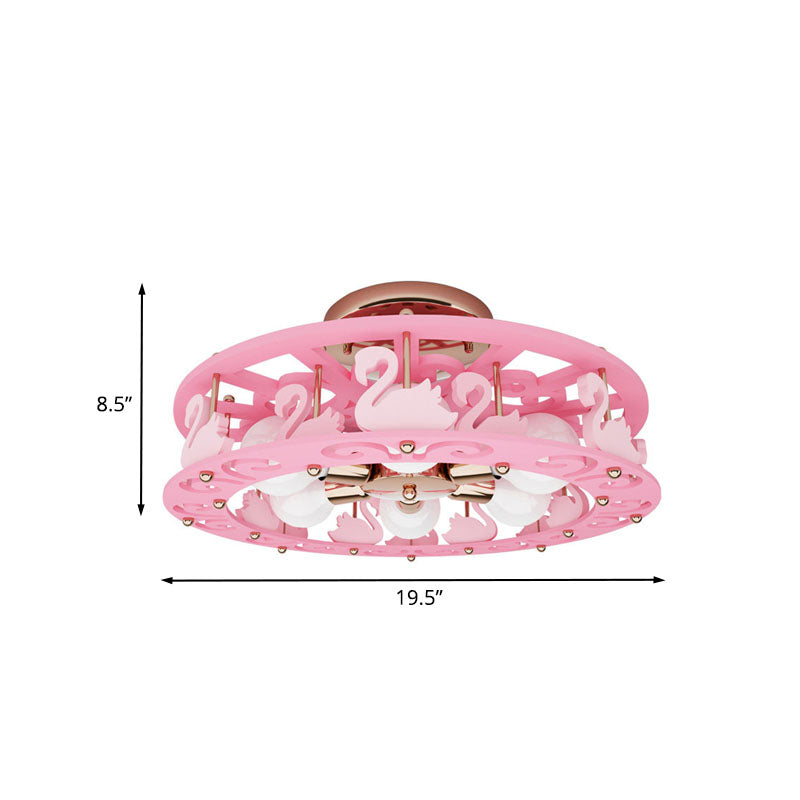 Metal Drum Semi Mount Lighting Kids 6 Lights Pink Flush Light Fixture with Bird/Angel Decoration Clearhalo 'Ceiling Lights' 'Close To Ceiling Lights' 'Close to ceiling' 'Semi-flushmount' Lighting' 897973