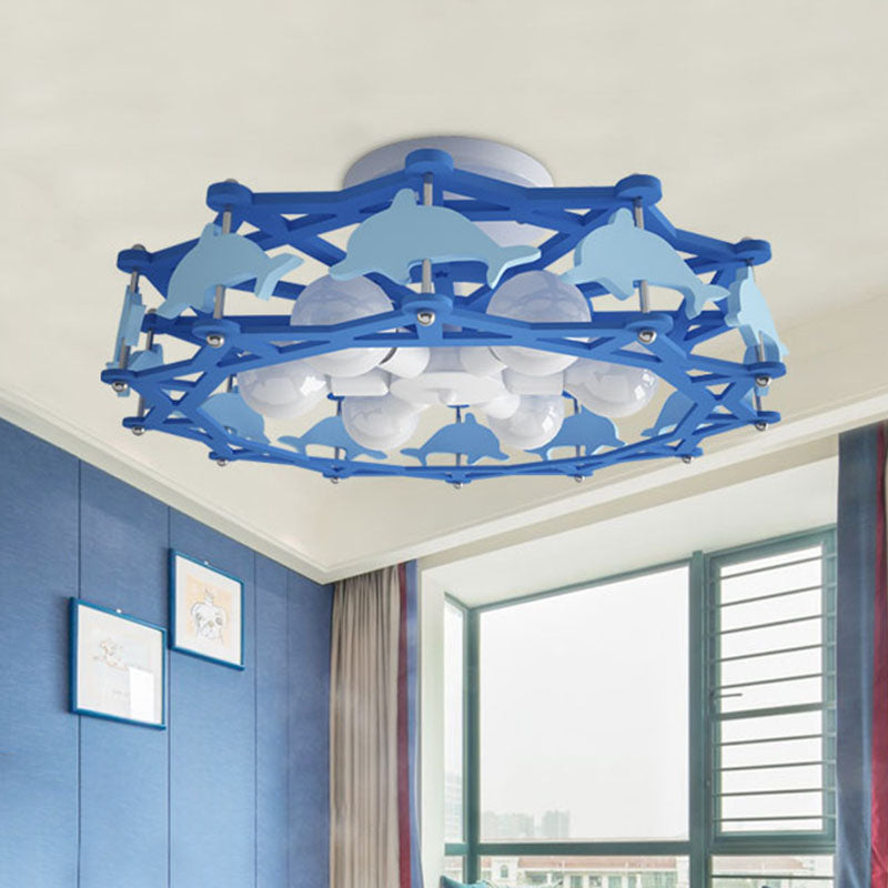 Dolphin Kindergarten Ceiling Light Metal 6 Bulbs Cartoon Semi Flush Mount Lighting in Blue Blue Clearhalo 'Ceiling Lights' 'Close To Ceiling Lights' 'Close to ceiling' 'Semi-flushmount' Lighting' 897974