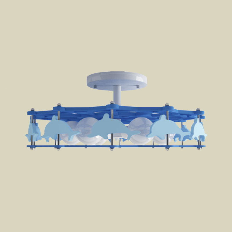 Dolphin Kindergarten Ceiling Light Metal 6 Bulbs Cartoon Semi Flush Mount Lighting in Blue Clearhalo 'Ceiling Lights' 'Close To Ceiling Lights' 'Close to ceiling' 'Semi-flushmount' Lighting' 897976