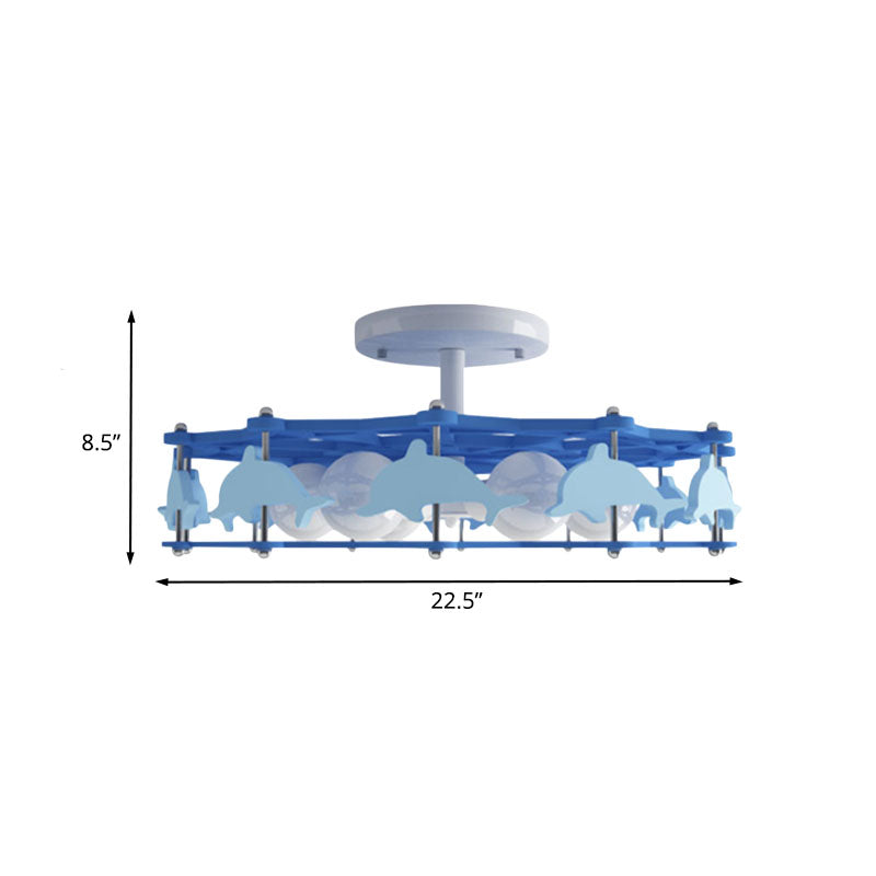 Dolphin Kindergarten Ceiling Light Metal 6 Bulbs Cartoon Semi Flush Mount Lighting in Blue Clearhalo 'Ceiling Lights' 'Close To Ceiling Lights' 'Close to ceiling' 'Semi-flushmount' Lighting' 897977