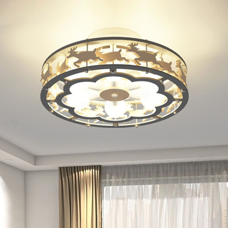 Iron Drum Ceiling Light Fixture Nordic 6-Bulb Grey Semi Flush Mount with Wood Elk Decor Grey Clearhalo 'Ceiling Lights' 'Close To Ceiling Lights' 'Close to ceiling' 'Semi-flushmount' Lighting' 897986