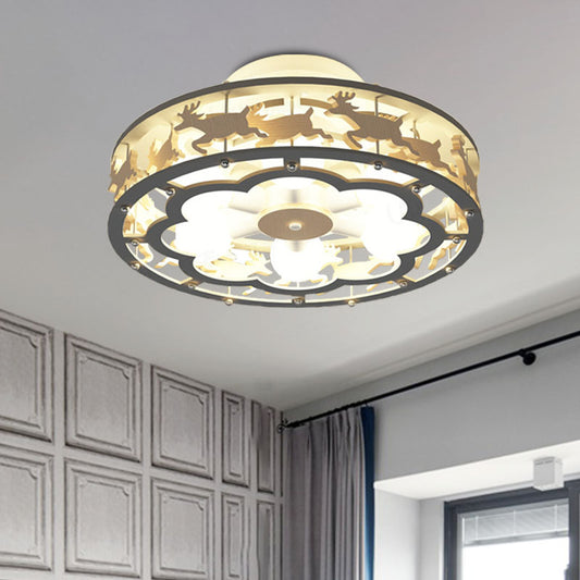 Iron Drum Ceiling Light Fixture Nordic 6-Bulb Grey Semi Flush Mount with Wood Elk Decor Clearhalo 'Ceiling Lights' 'Close To Ceiling Lights' 'Close to ceiling' 'Semi-flushmount' Lighting' 897987