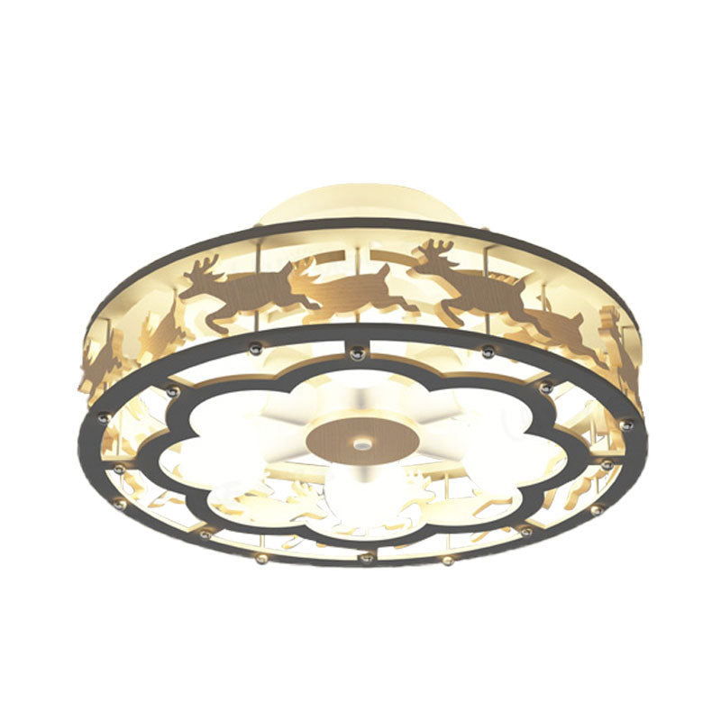 Iron Drum Ceiling Light Fixture Nordic 6-Bulb Grey Semi Flush Mount with Wood Elk Decor Clearhalo 'Ceiling Lights' 'Close To Ceiling Lights' 'Close to ceiling' 'Semi-flushmount' Lighting' 897988