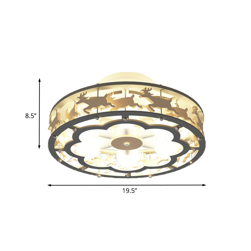 Iron Drum Ceiling Light Fixture Nordic 6-Bulb Grey Semi Flush Mount with Wood Elk Decor Clearhalo 'Ceiling Lights' 'Close To Ceiling Lights' 'Close to ceiling' 'Semi-flushmount' Lighting' 897989