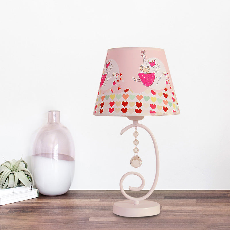 Barrel Bedroom Table Light Fabric 1 Bulb Cartoon Night Lamp in White with Crystal Drop and Sheep/Loving Heart/Elephant Pattern White Loving Heart Clearhalo 'Lamps' 'Table Lamps' Lighting' 898006