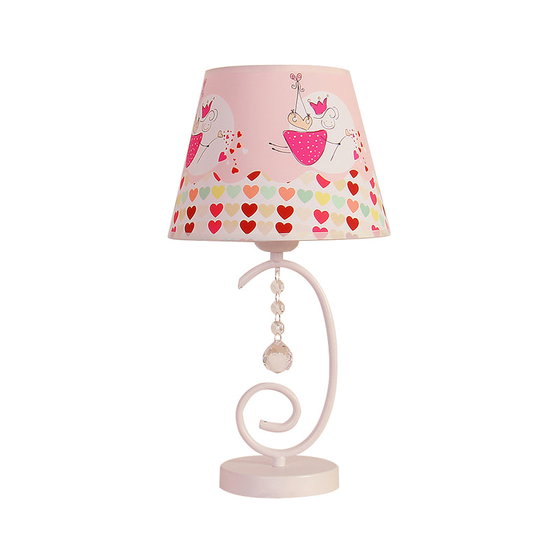 Barrel Bedroom Table Light Fabric 1 Bulb Cartoon Night Lamp in White with Crystal Drop and Sheep/Loving Heart/Elephant Pattern Clearhalo 'Lamps' 'Table Lamps' Lighting' 898007