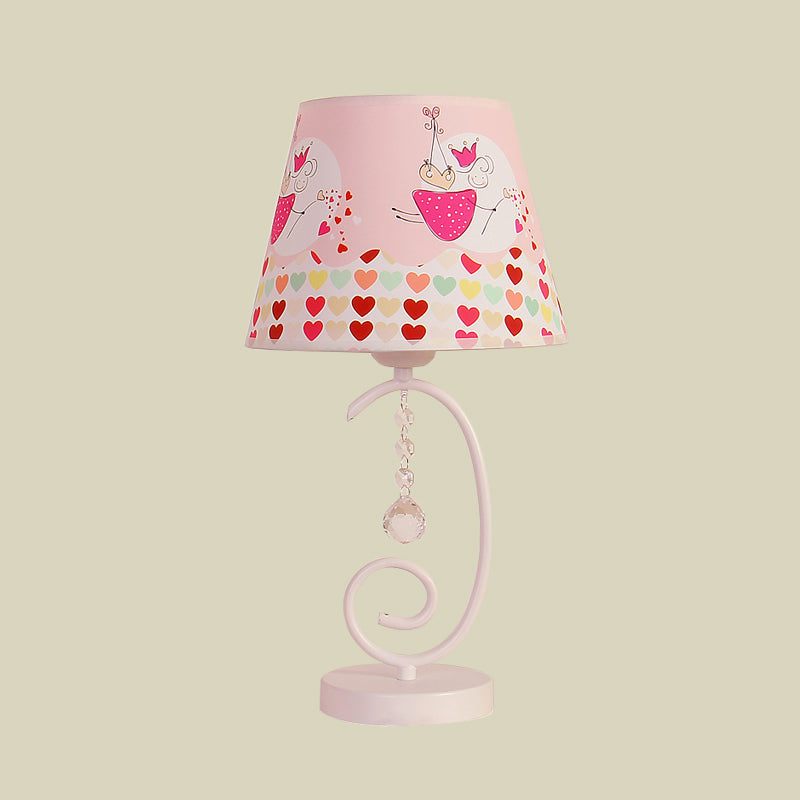 Barrel Bedroom Table Light Fabric 1 Bulb Cartoon Night Lamp in White with Crystal Drop and Sheep/Loving Heart/Elephant Pattern Clearhalo 'Lamps' 'Table Lamps' Lighting' 898008