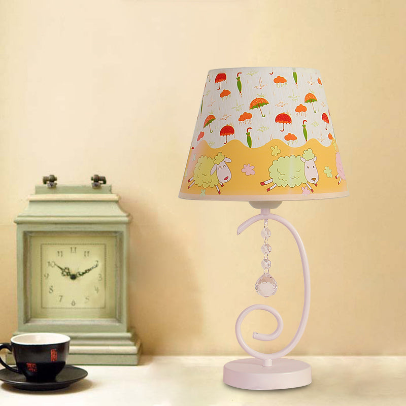 Barrel Bedroom Table Light Fabric 1 Bulb Cartoon Night Lamp in White with Crystal Drop and Sheep/Loving Heart/Elephant Pattern White Sheep Clearhalo 'Lamps' 'Table Lamps' Lighting' 898010