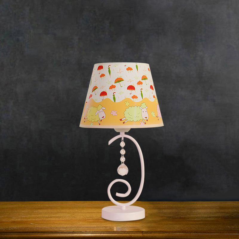 Barrel Bedroom Table Light Fabric 1 Bulb Cartoon Night Lamp in White with Crystal Drop and Sheep/Loving Heart/Elephant Pattern Clearhalo 'Lamps' 'Table Lamps' Lighting' 898012